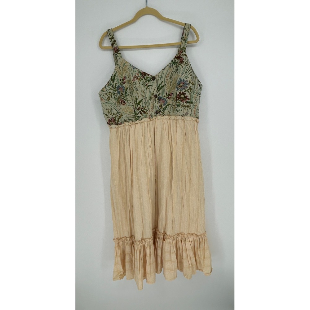 Cider Womens XL Floral Cotton Tiered Dress Beige Cottagecore Boho Ruffle Prairie